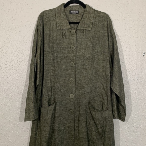 Transparente Black Label Black/Green 100% Linen Lagenlook A-Line Button Duster - Picture 2 of 15